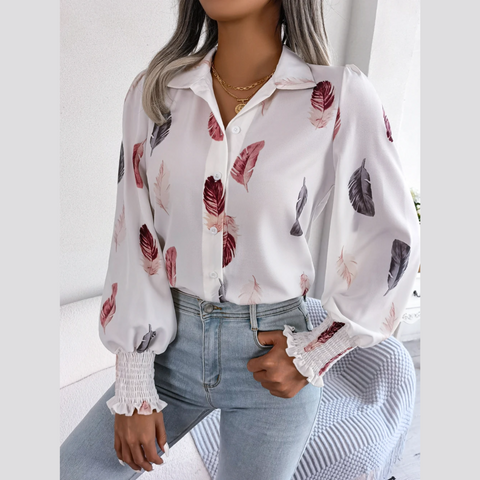 Brie - White Leaf Print Lantern Blouse