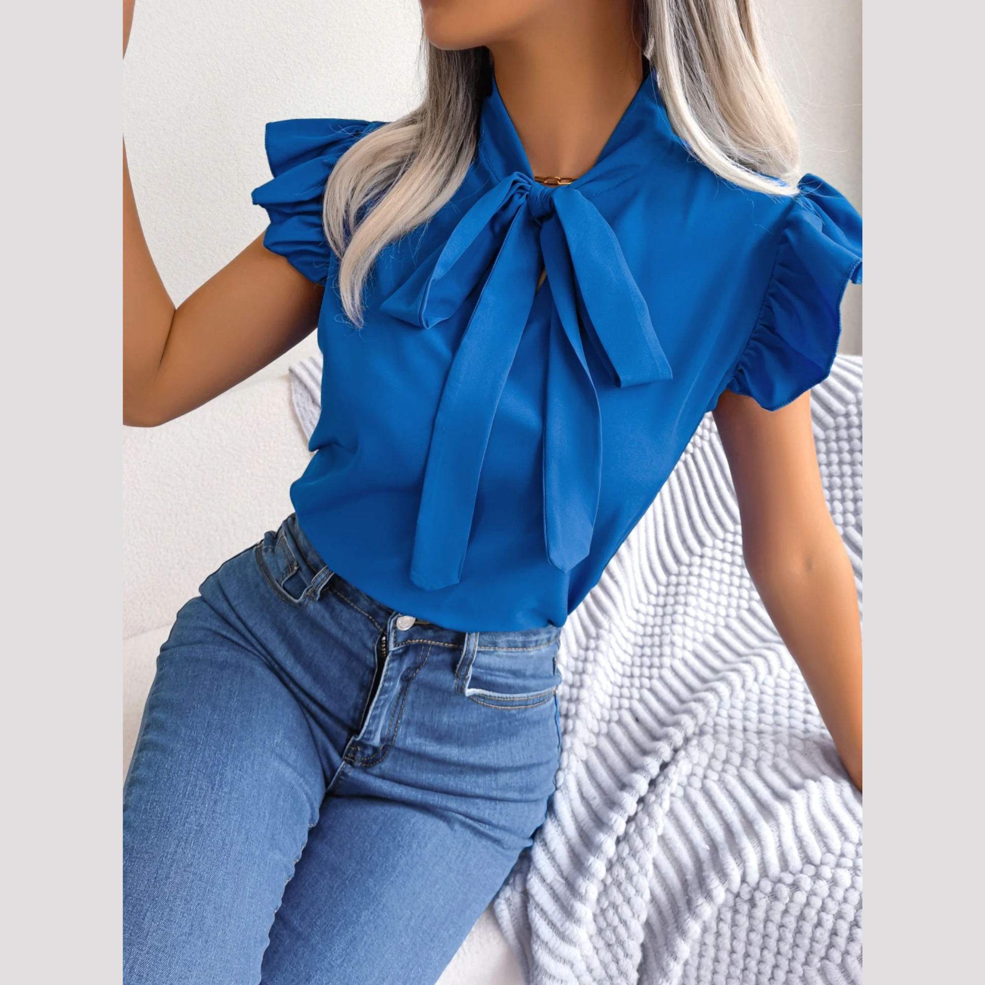 Britney - Blue Ruffle Cap Sleeves Tie Neck Top