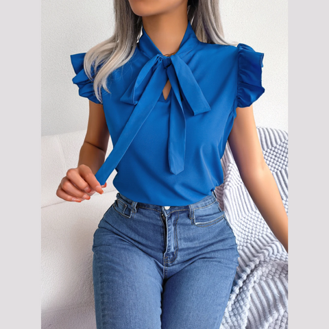Britney - Blue Ruffle Cap Sleeves Tie Neck Top