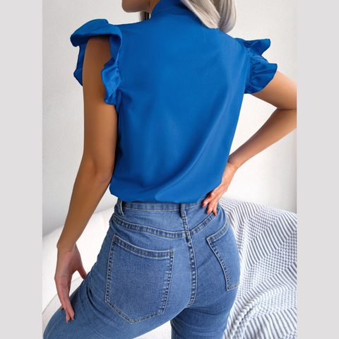 Britney - Blue Ruffle Cap Sleeves Tie Neck Top