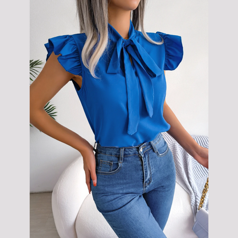 Britney - Blue Ruffle Cap Sleeves Tie Neck Top