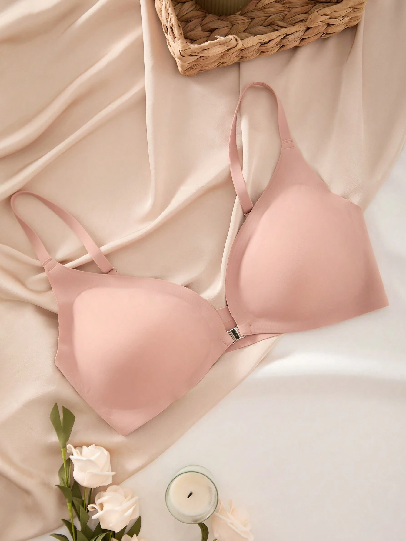 Comfortable Adjustable Straps Deep V Front Button Solid Color Wireless Bra Pink