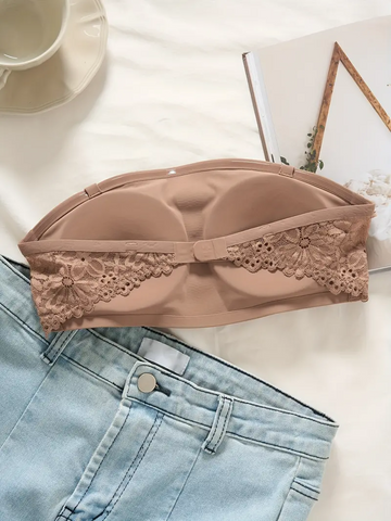 Lace stitching seamless bra, sexy off-shoulder removable transparent shoulder straps Tan