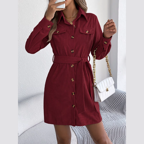 Capri - Burgundy Corduroy Mini Belted Shirt Dress