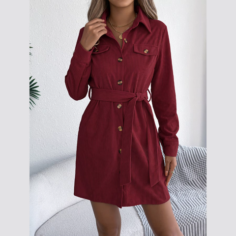Capri - Burgundy Corduroy Mini Belted Shirt Dress