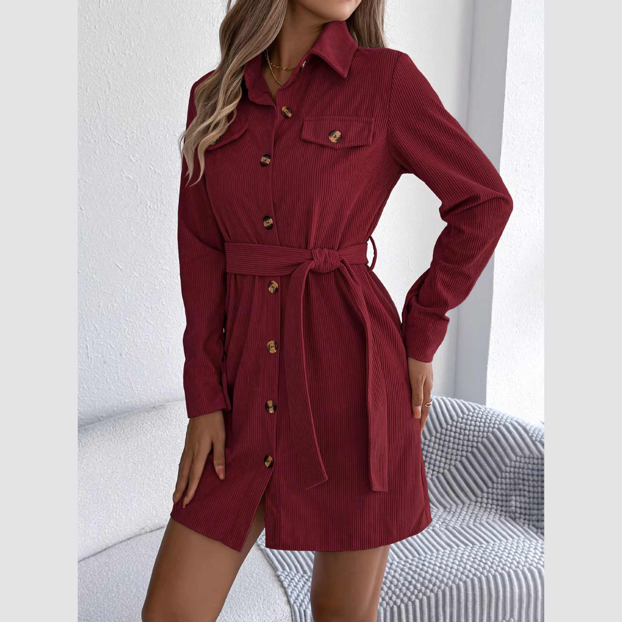 Capri - Burgundy Corduroy Mini Belted Shirt Dress
