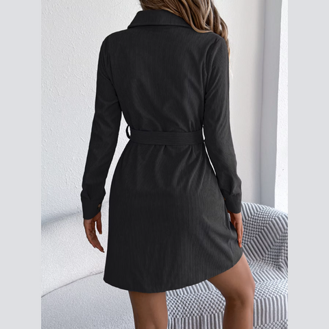 Capri - Black Corduroy Mini Belted Shirt Dress