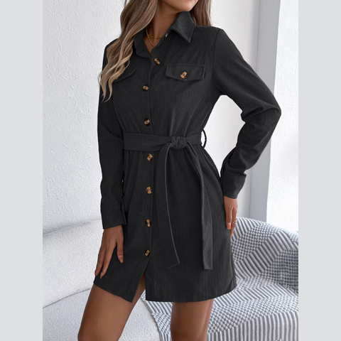 Capri - Black Corduroy Mini Belted Shirt Dress