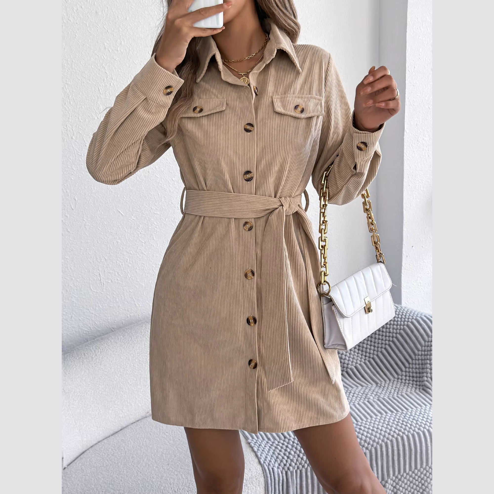 Capri - Beige Corduroy Mini Belted Shirt Dress