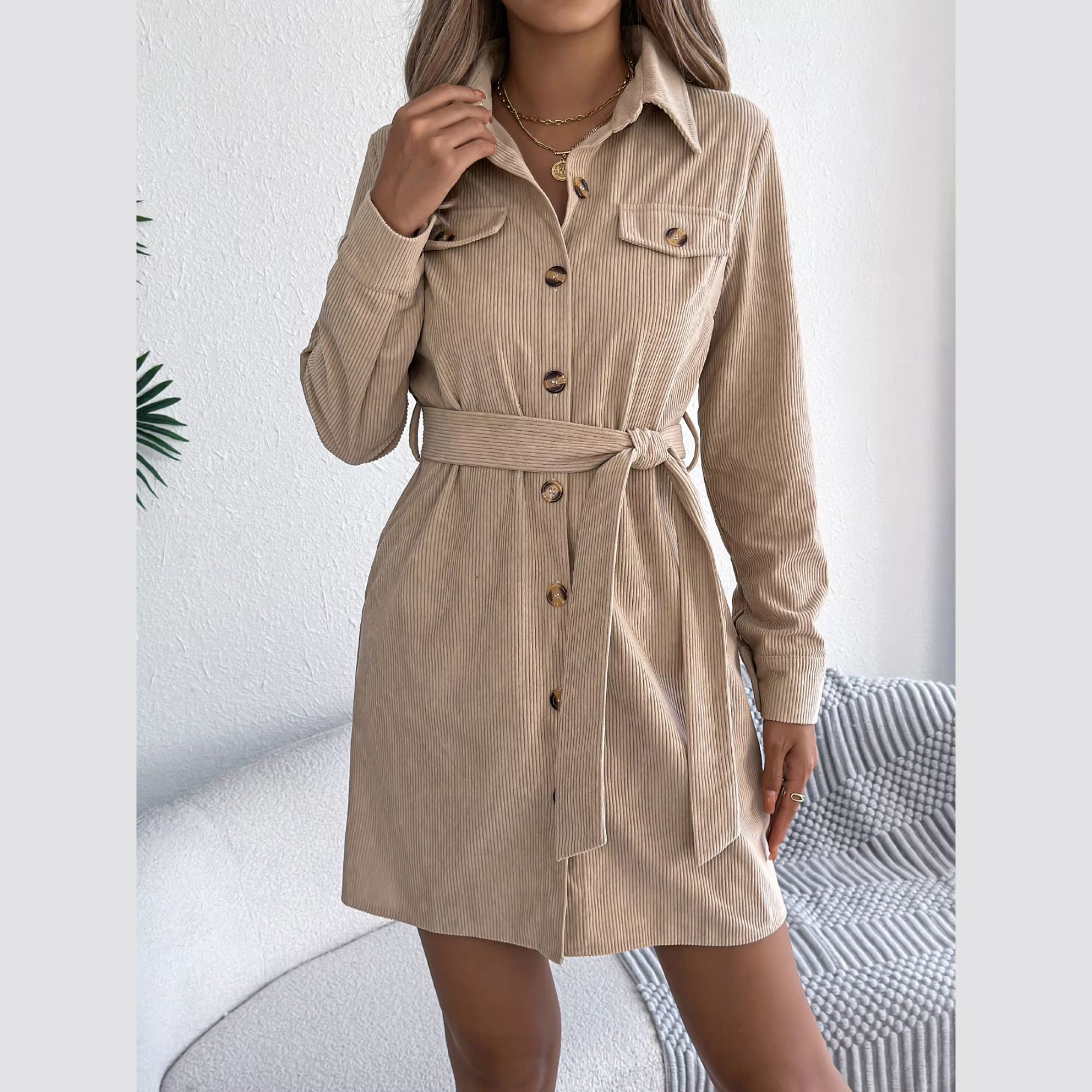 Capri - Beige Corduroy Mini Belted Shirt Dress