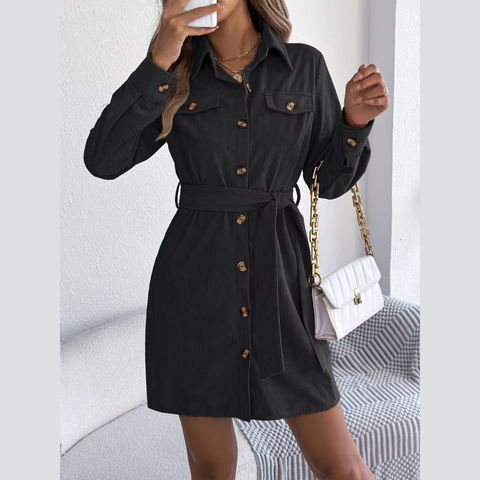 Capri - Black Corduroy Mini Belted Shirt Dress