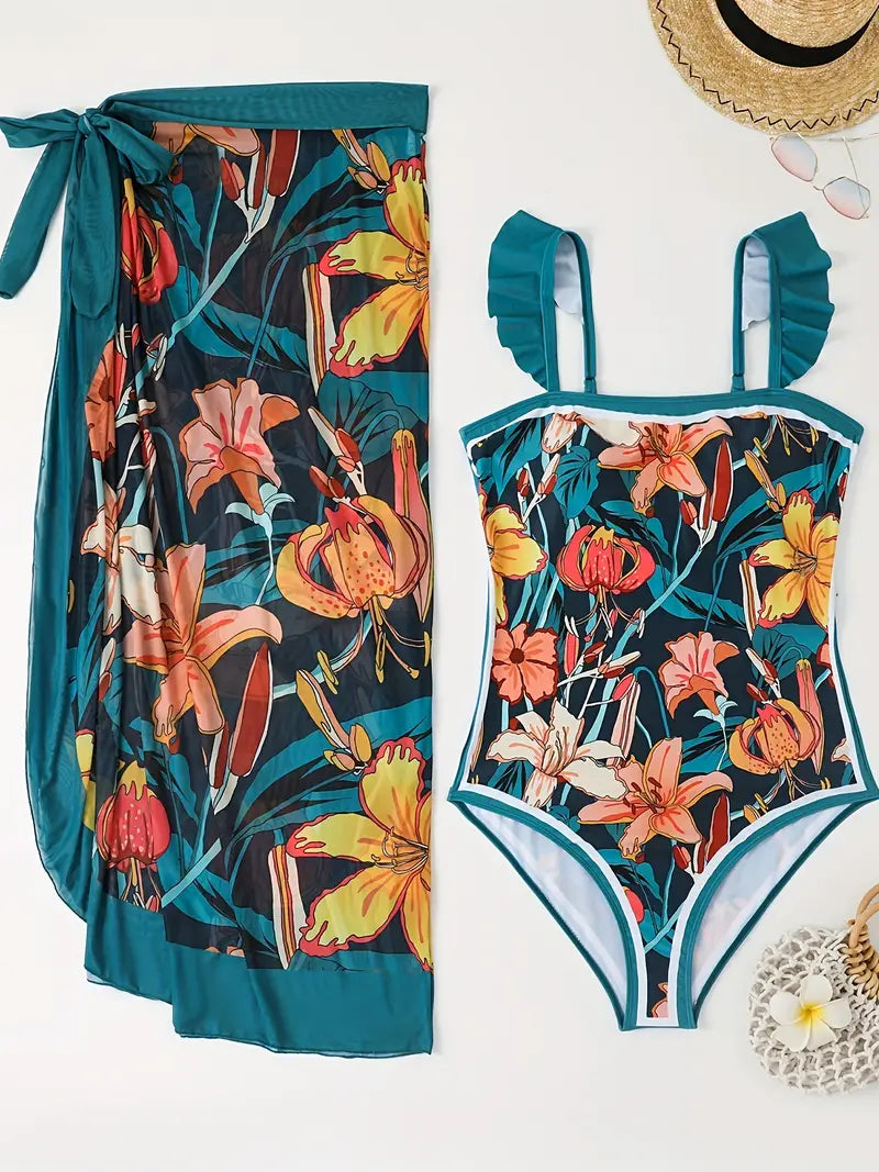 FLORAL PRINT ONE-PIECE SWIMSUIT - Green