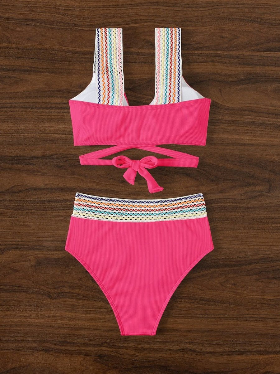 COLORFUL WAVY RIBBED BIKINI SET  -  ROSE