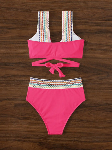 BUNTES BIKINI-SET MIT GEWELLTEM GERIPPTEM BUND - ROSE