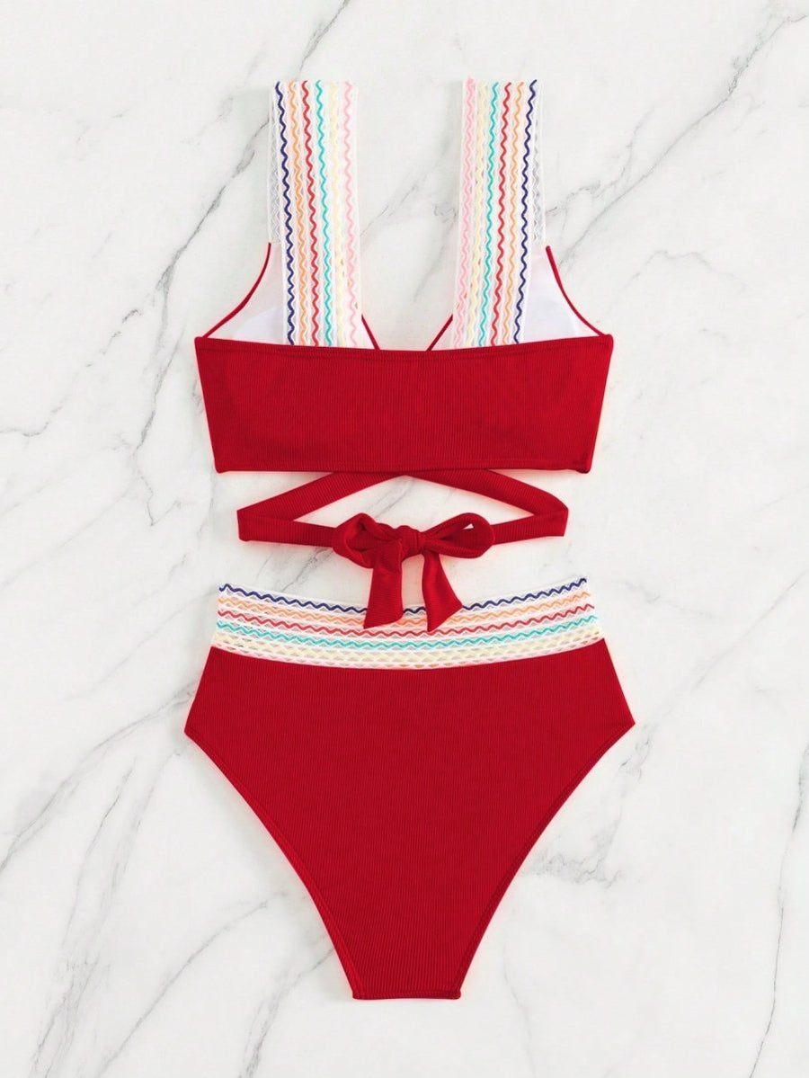 COLORFUL WAVY RIBBED BIKINI SET  -  RED