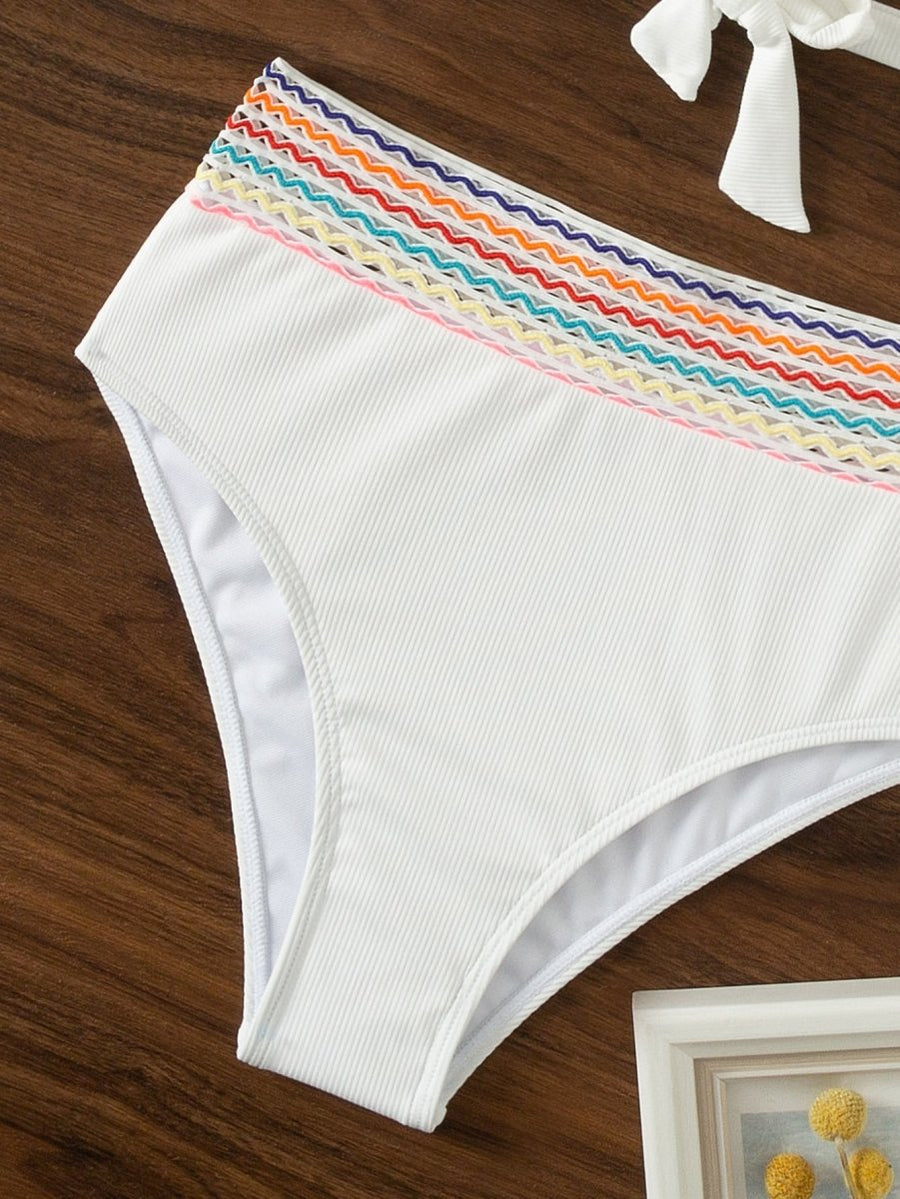 COLORFUL WAVY RIBBED BIKINI SET  -  WHITE