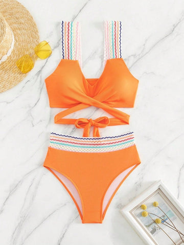 COLORFUL WAVY RIBBED BIKINI SET  -  ORANGE