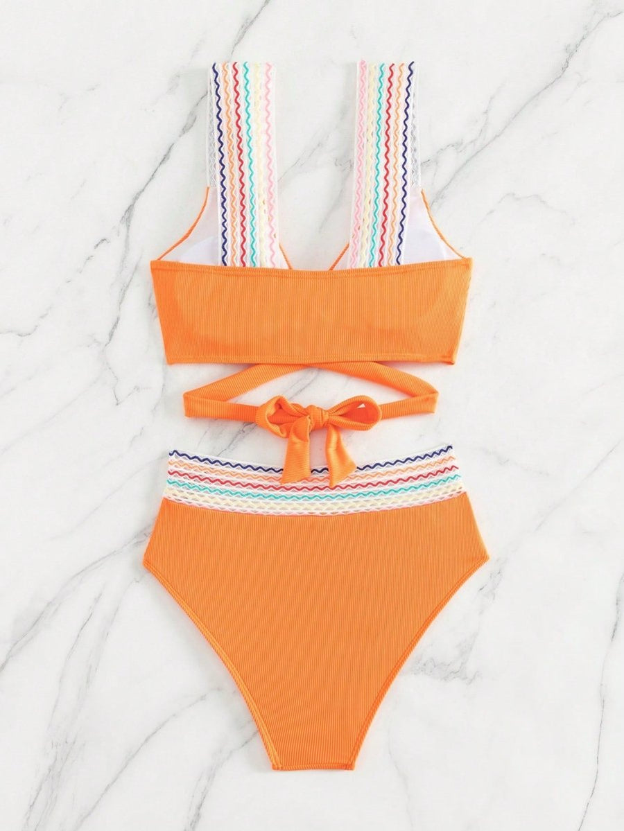 COLORFUL WAVY RIBBED BIKINI SET  -  ORANGE