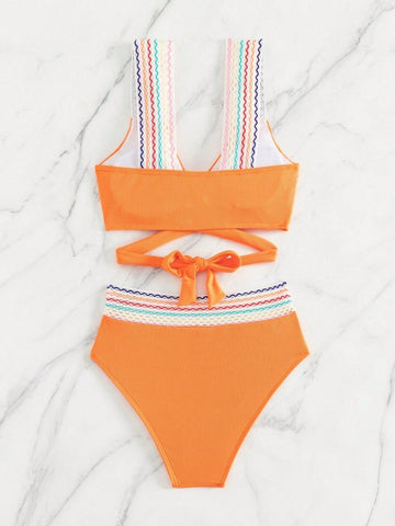 BUNTES BIKINI-SET MIT GEWELLTEM GERIPPTEM BUND - ORANGE