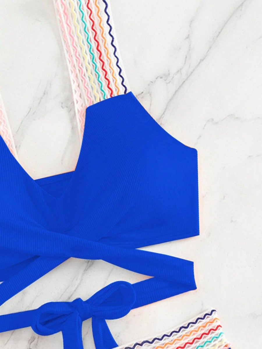 COLORFUL WAVY RIBBED BIKINI SET  -  BLUE