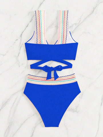 COLORFUL WAVY RIBBED BIKINI SET  -  BLUE