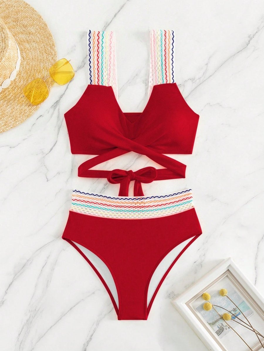 COLORFUL WAVY RIBBED BIKINI SET  -  RED