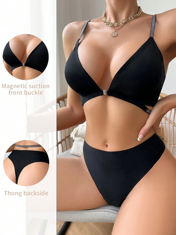 Conjunto de sujetador y tanga sexy, transpirable, sin costuras y con cierre frontal