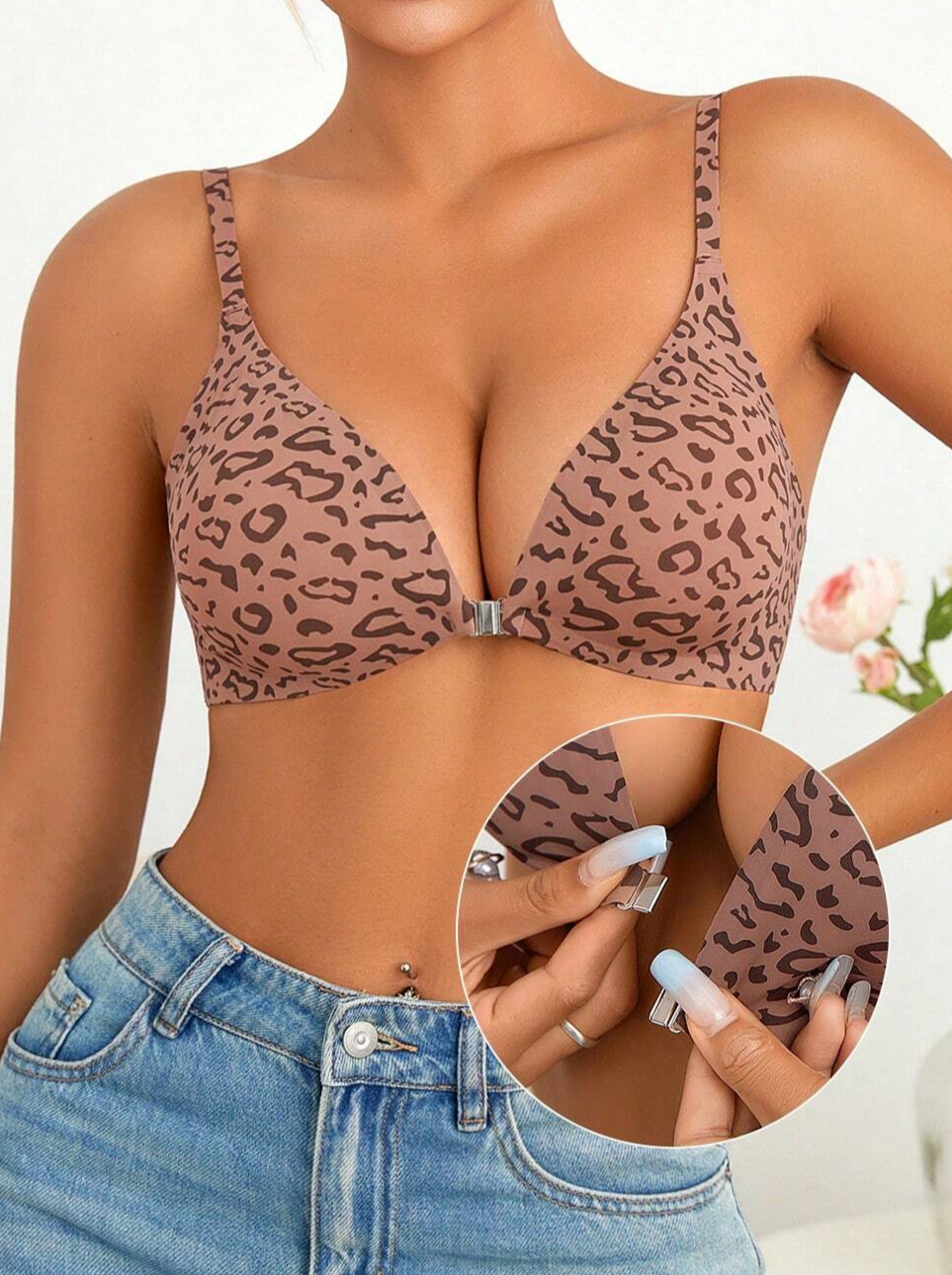 Comfort Adjustable Straps Deep V Front Button Leopard Print Wireless Bra Brown