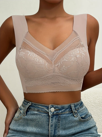 Contrast Lace Wireless Bra, Soft & Comfortable Tank Bra, Women's Lingerie & Underwear Pink