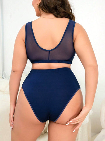 Plus Size Contrast Mesh Bra & Panties Set