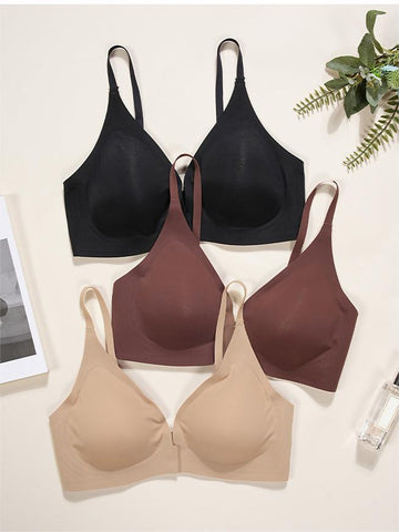 Solid Color Front Button Deep V Wireless Bra