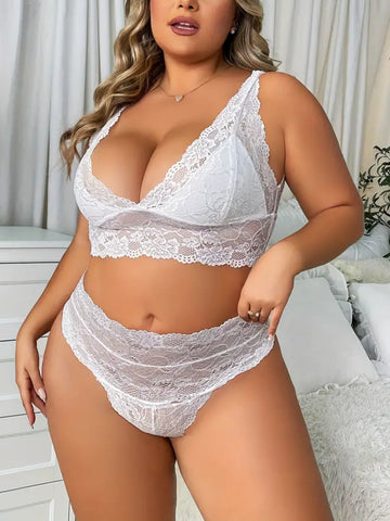 Women's Floral Lace Sexy Scalloped Trim Wide Straps Bra & Panty 2 Piece Set Plus Size