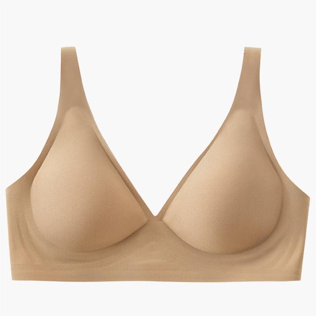 Wirefree Seamless Bra for Women Invisible Deep V Plunge Bra with Removeable Padding Tan