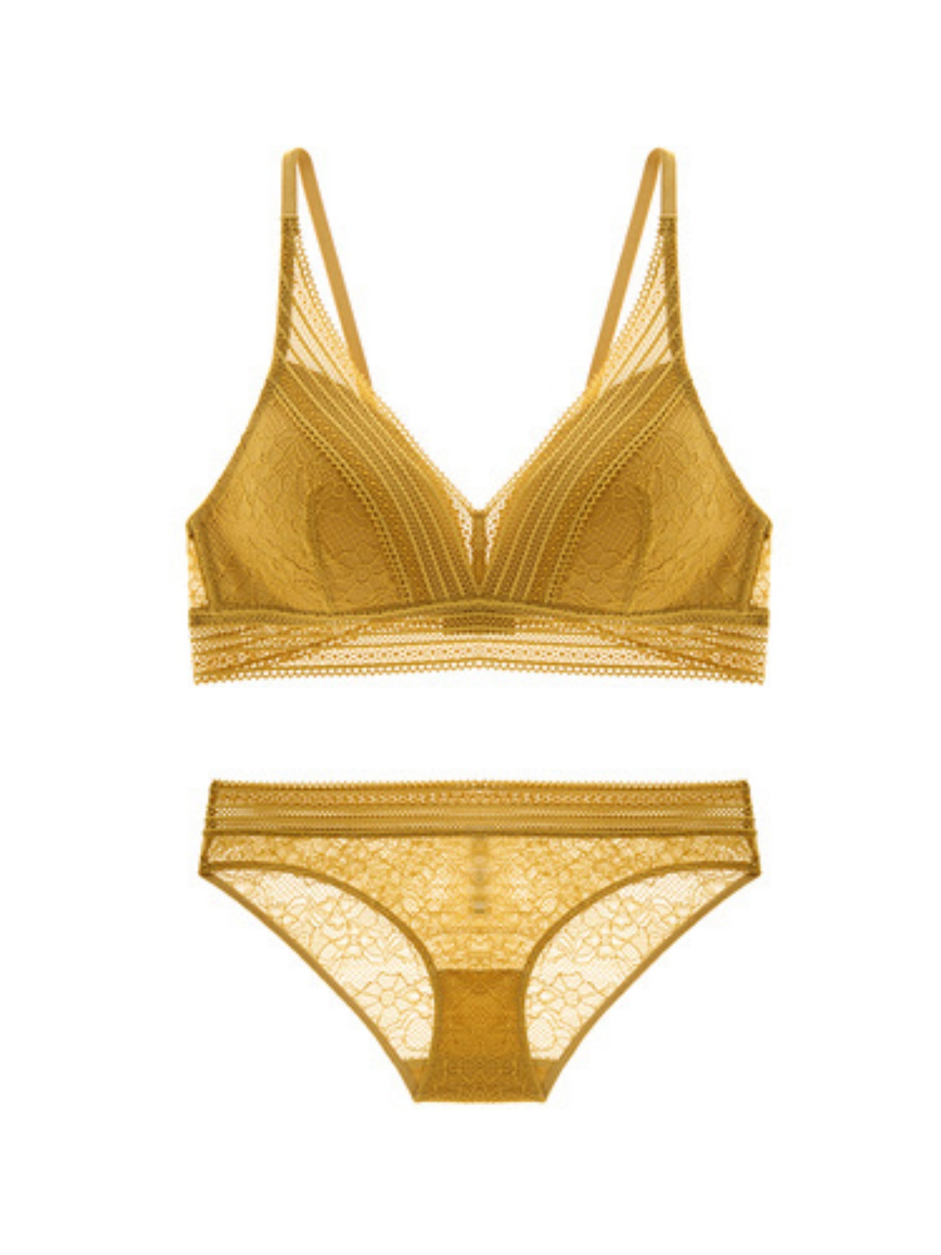 Semi-sheer Lace Scoop Bras, Comfort Wireless Everyday Bra Set Yellow