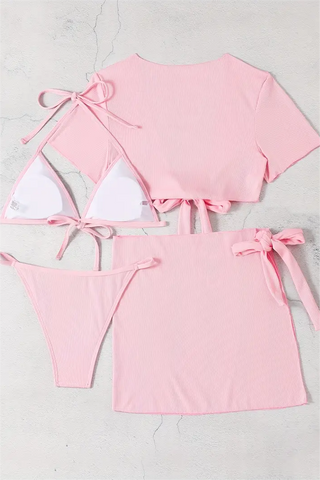 Conjunto de bikini elástico de 4 piezas en color liso - Rosa