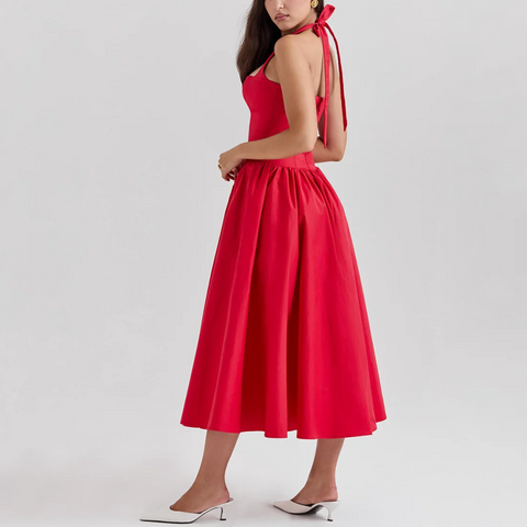Giovanna - Red Fit and Flare Long Halter Dress