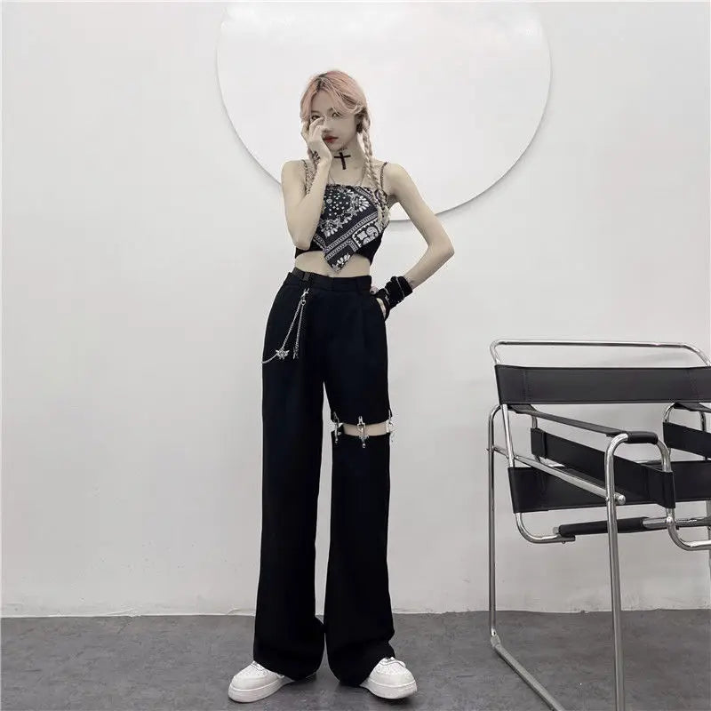 Pantalones góticos de estilo harajuku con cadena