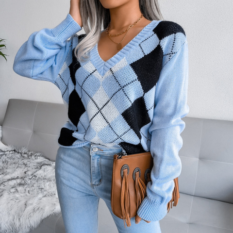 Lunetta - Blue Argyle Knitted V-Neck Sweater Top