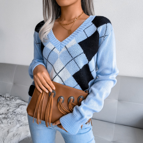 Lunetta - Blue Argyle Knitted V-Neck Sweater Top