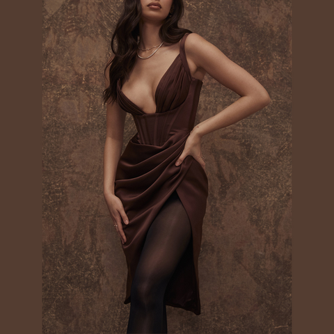 Chantel - Brown Draped Satin Bodycon Dress