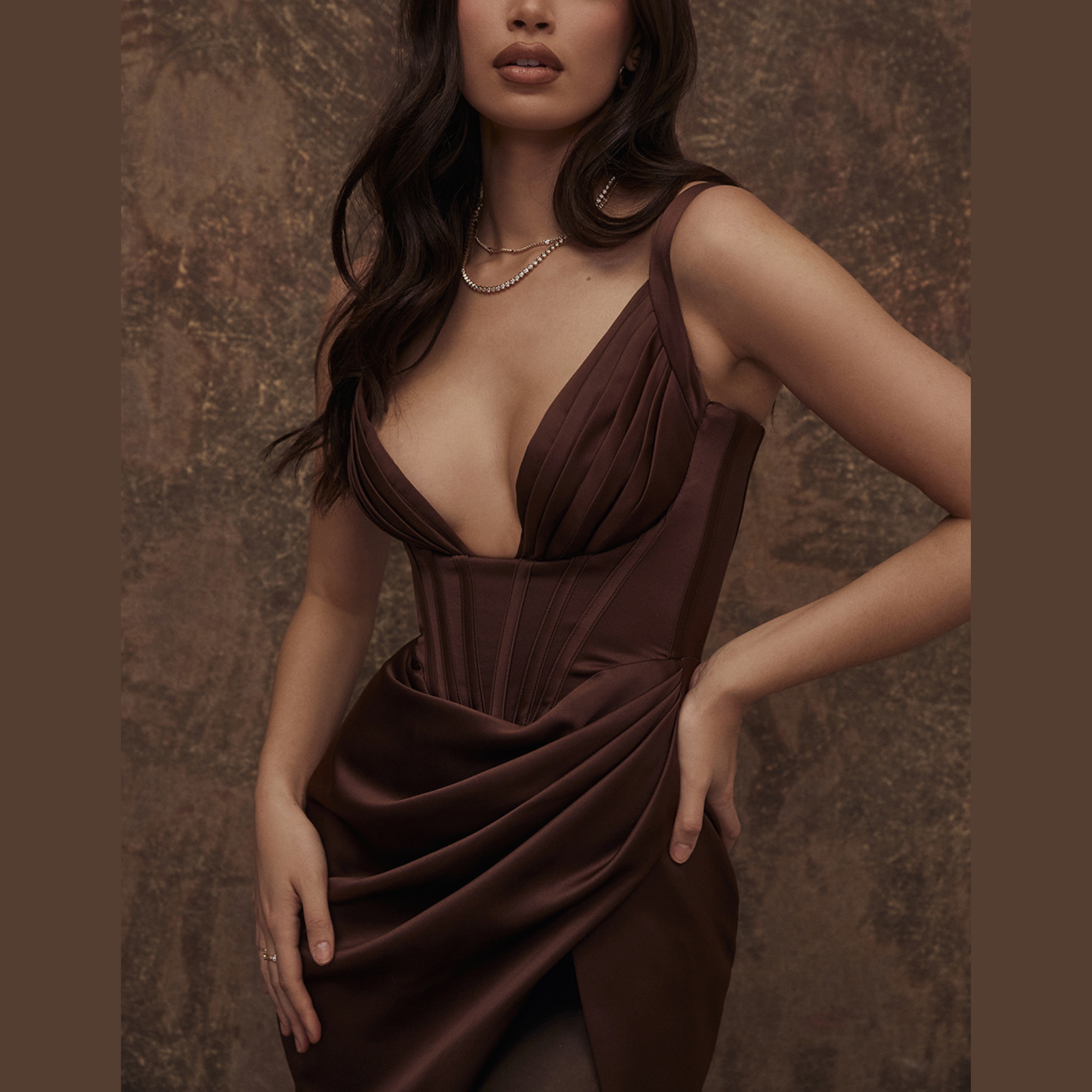Chantel - Brown Draped Satin Bodycon Dress