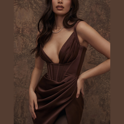 Chantel - Brown Draped Satin Bodycon Dress