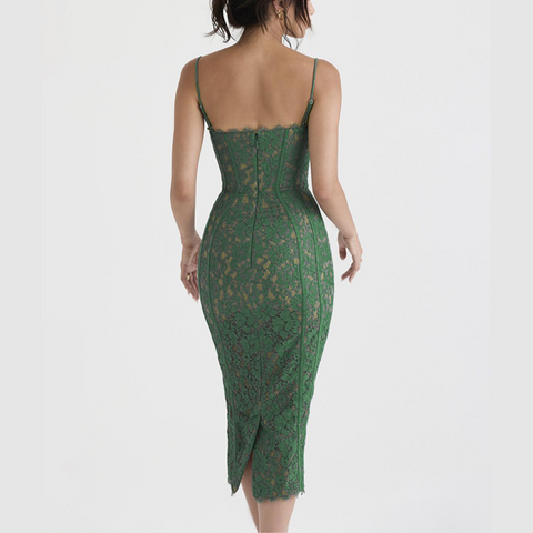 Nadine - Green Lace Corset Midi Dress