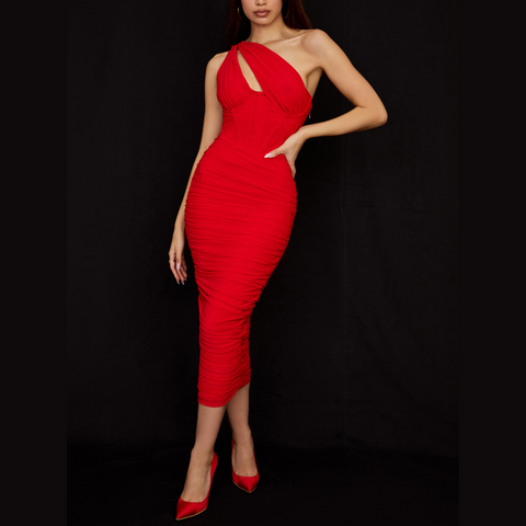 Miracle-  Red Ruched Mesh Bodycon Maxi Dress