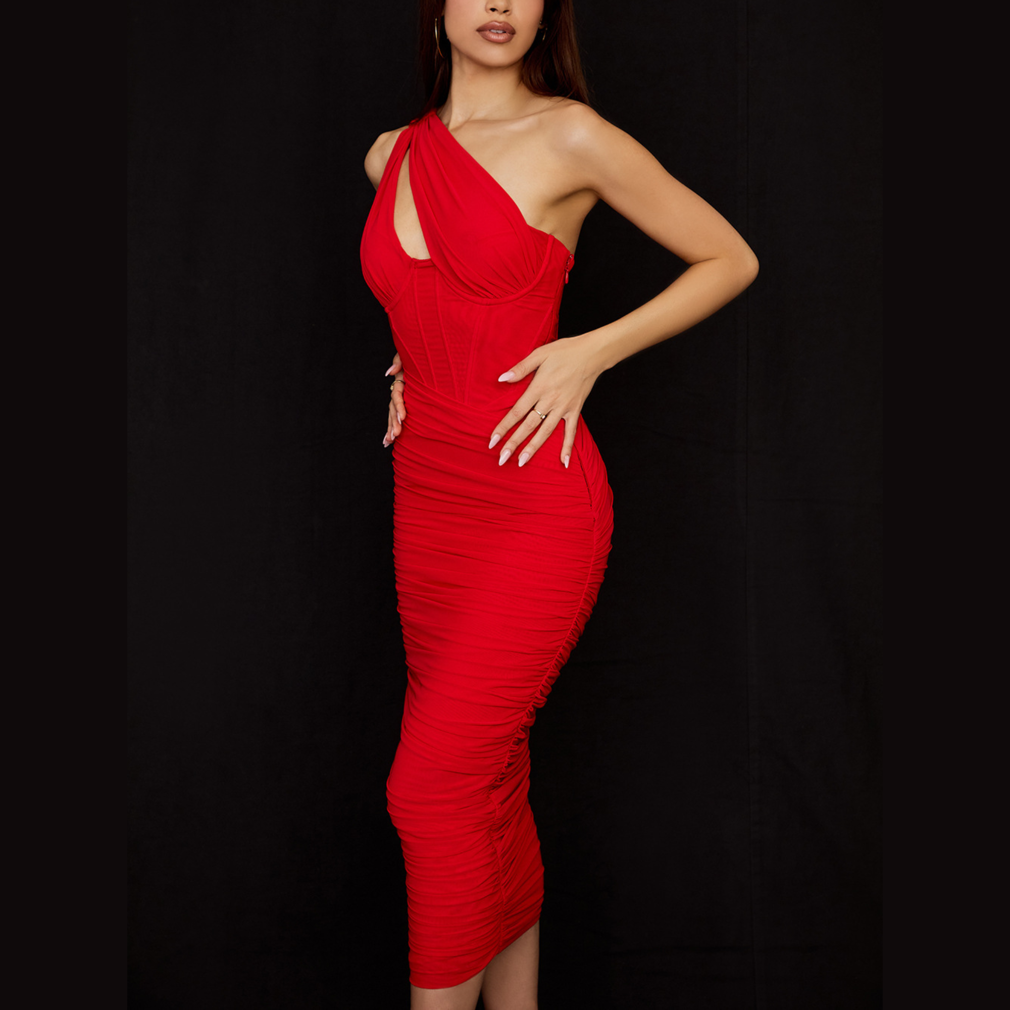 Miracle-  Red Ruched Mesh Bodycon Maxi Dress