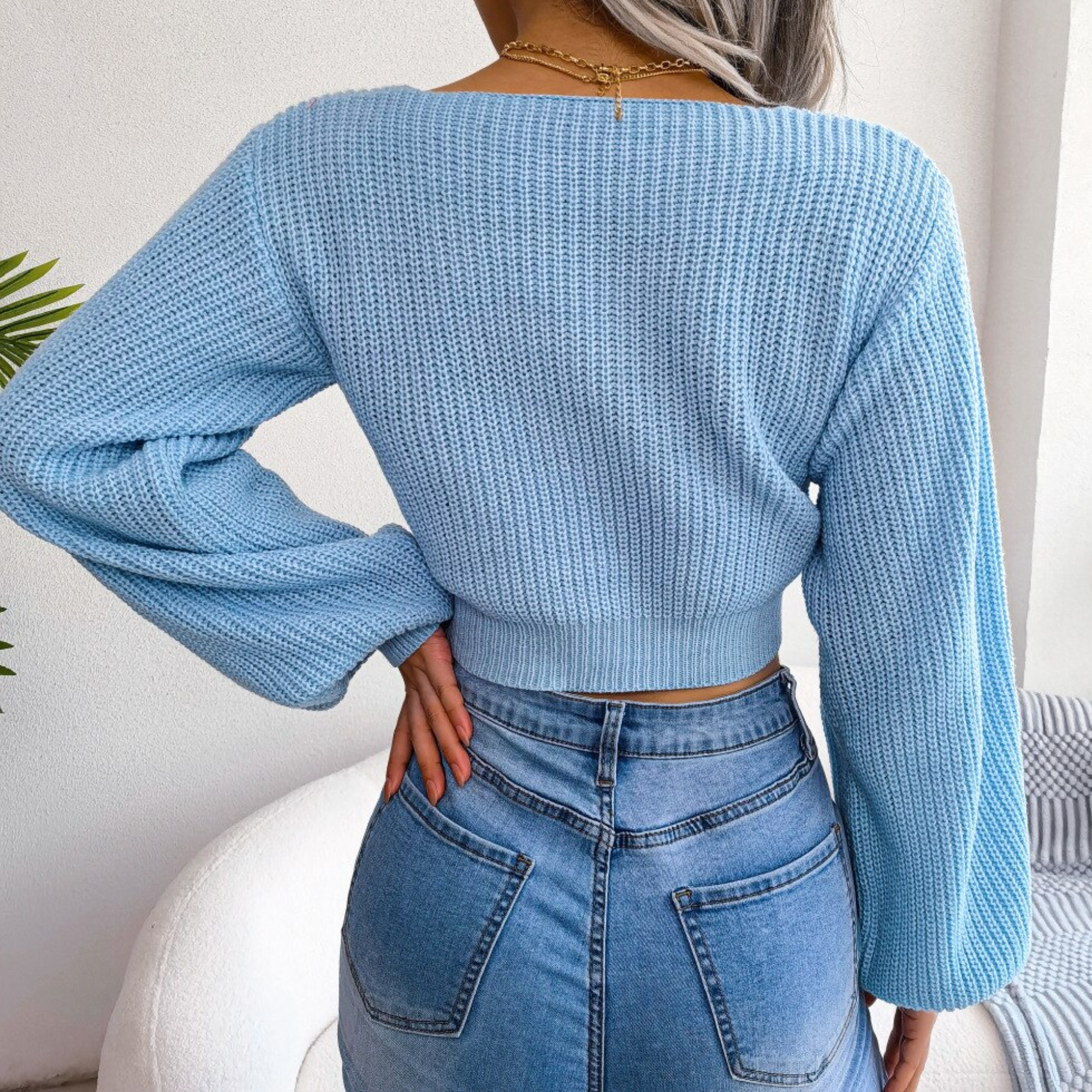 Birdie - Blue V-Neck-Bow Cropped Top