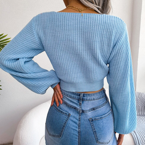 Birdie - Blue V-Neck-Bow Cropped Top