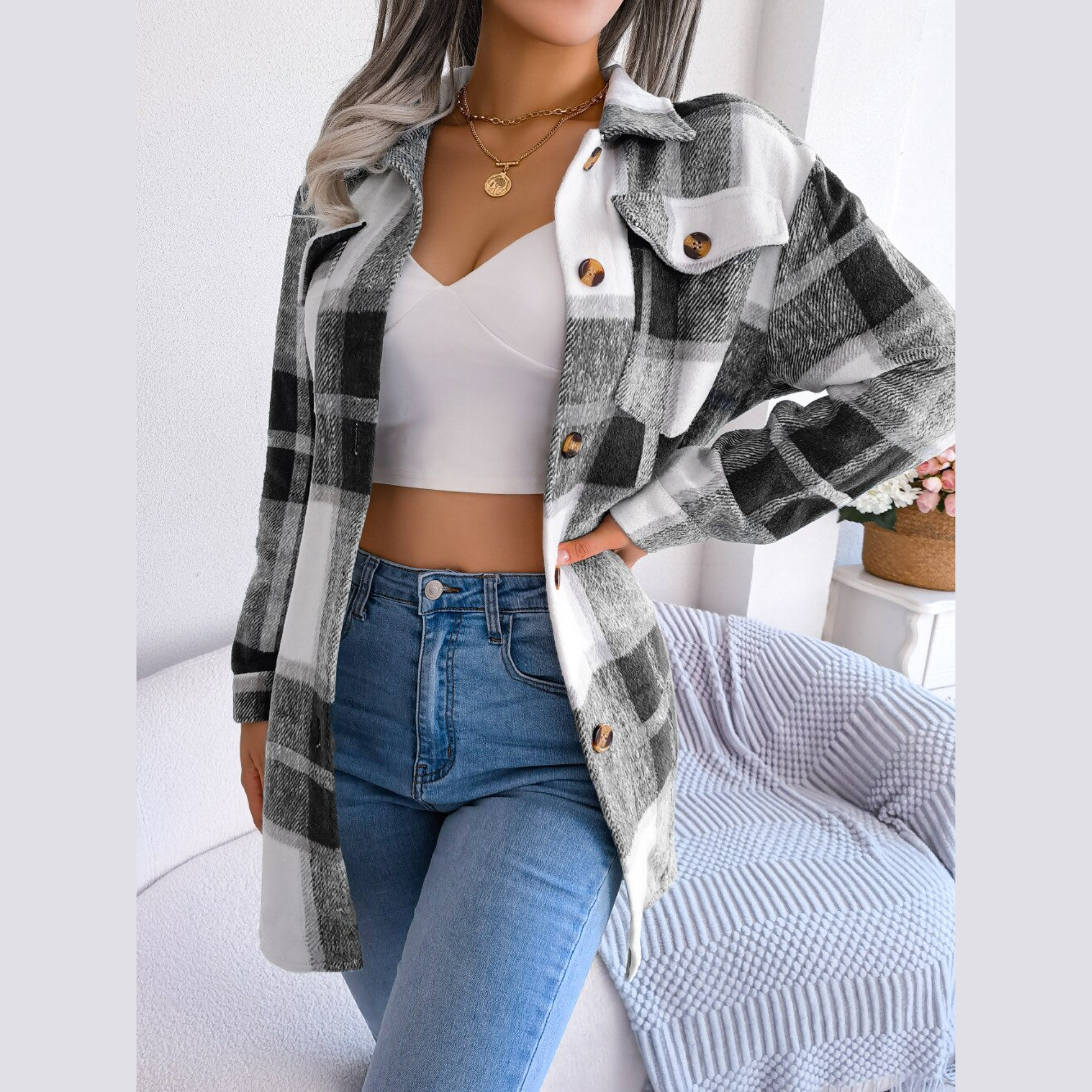 Vivian - Black Plaid Belted Long Sleeves Coat