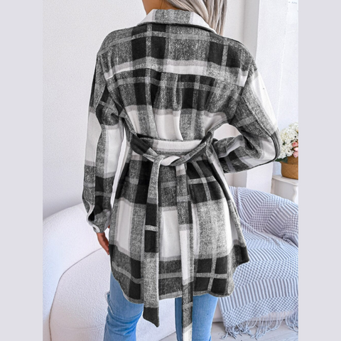Vivian - Black Plaid Belted Long Sleeves Coat