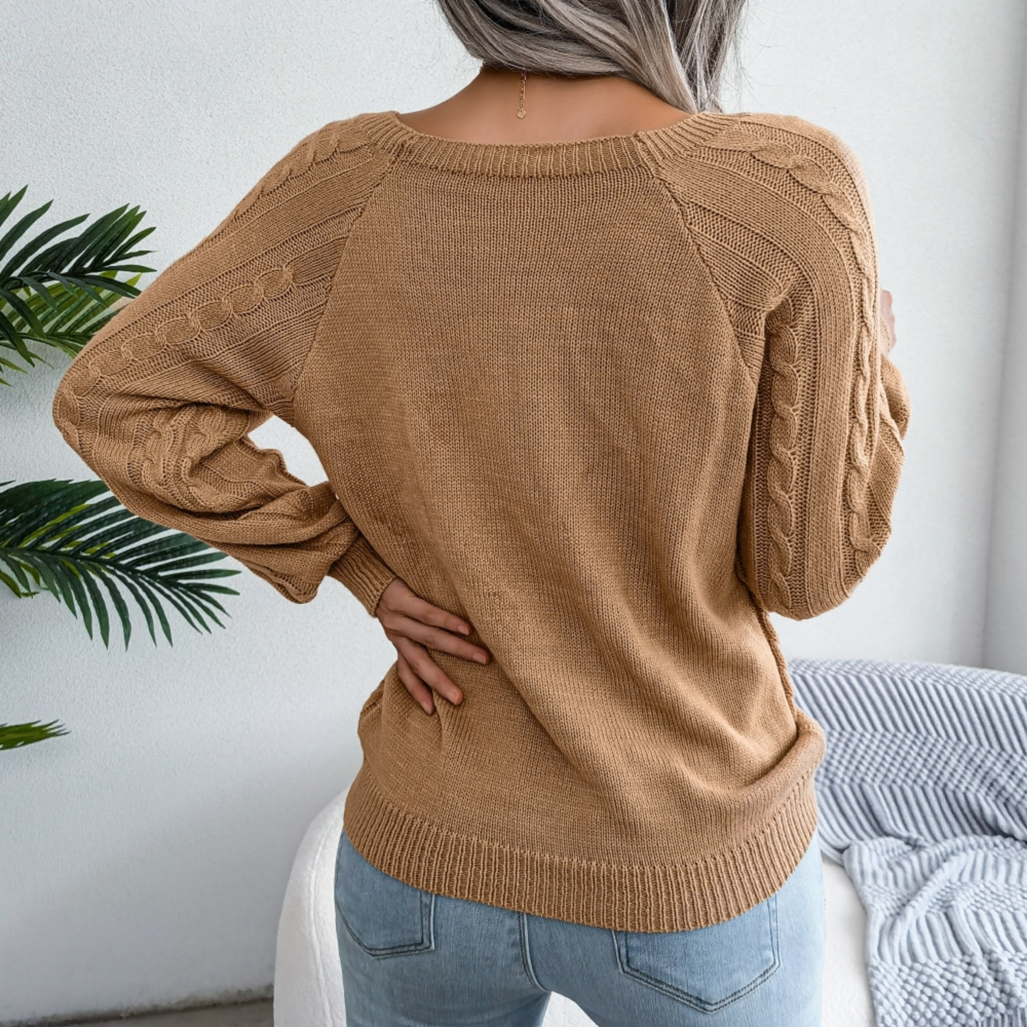 Sofia - Beige Square Neck Pullover Sweater Top